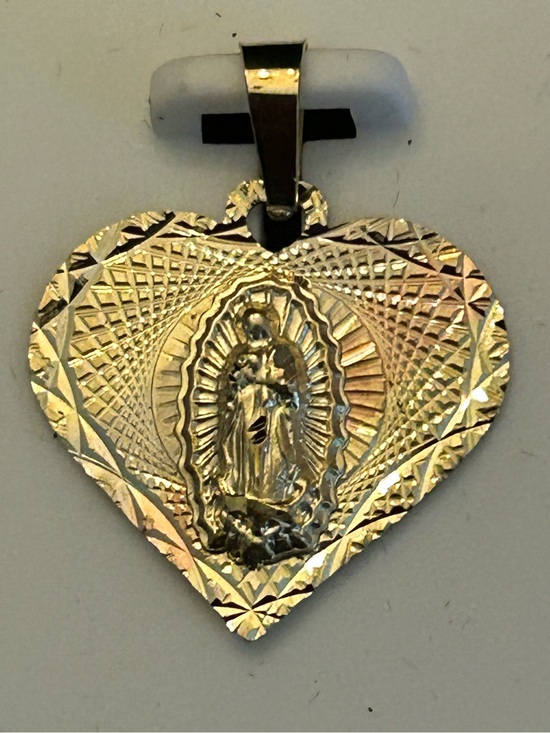 Axnt Jewelry - Solid 10KT Two-Tone Gold Heart Pendant with Virgin Mary Medallion